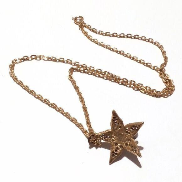 Vtg Gold Tone Filigree Star Pendant Necklace Pink Porcelain Rose Floral Romantic - Picture 6 of 6
